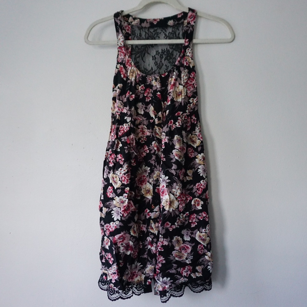 Black and Pink lace back floral dress with buttons